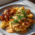 Blumenkohlsteak mit Pfefferrahmsauce und karamellisierten Zwiebeln genießen!