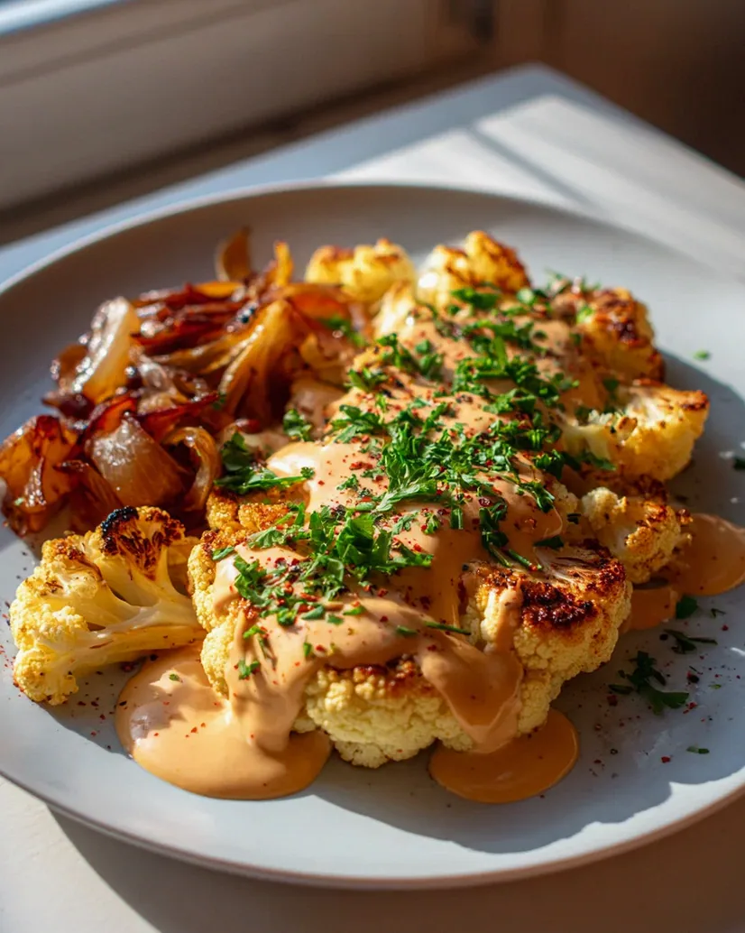 Blumenkohlsteak mit Pfefferrahmsauce und karamellisierten Zwiebeln genießen! – Schritt 1