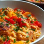 Cremiges Paprika-Hähnchen mit Orzo aus dem Ofen!