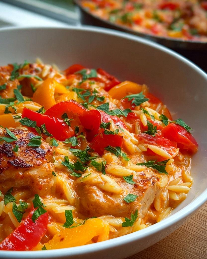 Cremiges Paprika-Hähnchen mit Orzo aus dem Ofen! – Schritt 1