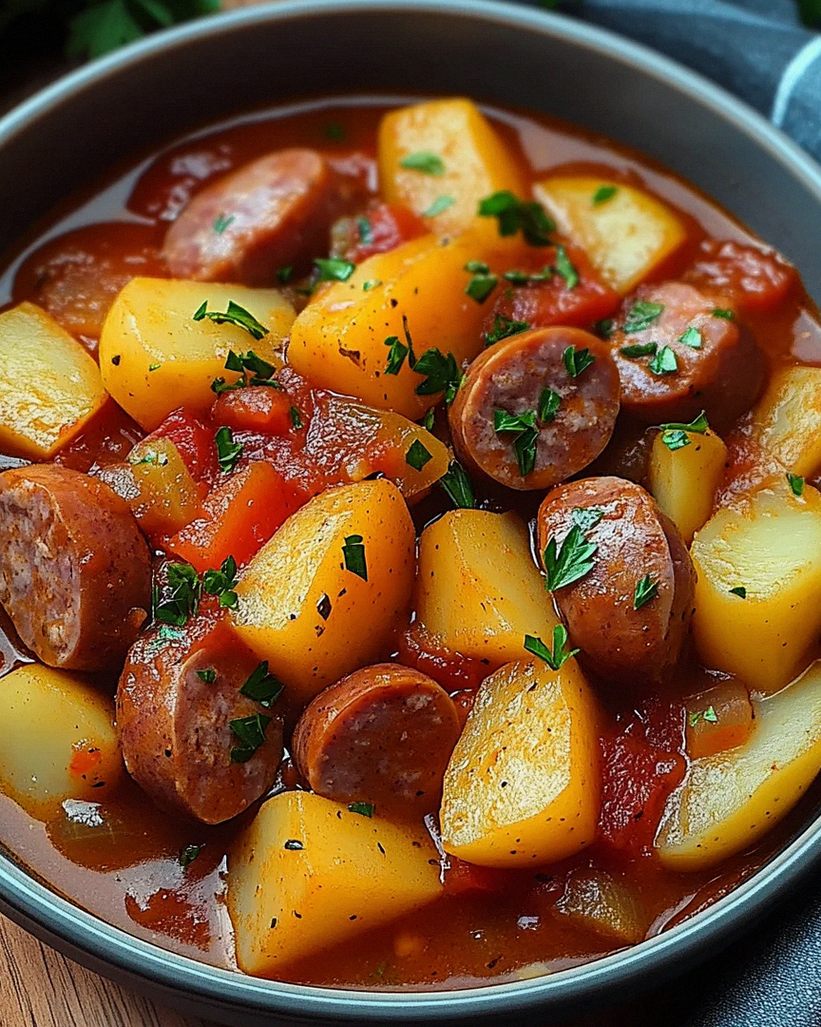 Kartoffelgulasch mit Würstchen