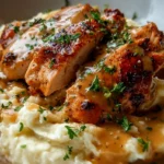 Leckere Hähnchen-Knoblauch-Soße mit cremigem Käsepüree