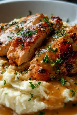 Leckere Hähnchen-Knoblauch-Soße mit cremigem Käsepüree
