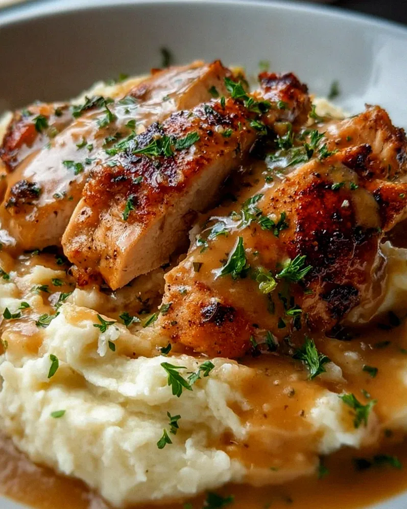 Leckere Hähnchen-Knoblauch-Soße mit cremigem Käsepüree