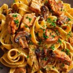 Tagliatelle mit Pilzen und Huhn in Sahnesosse
