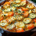Vegetarischer Kartoffelauflauf mit Zucchini, Karotten und Zwiebeln