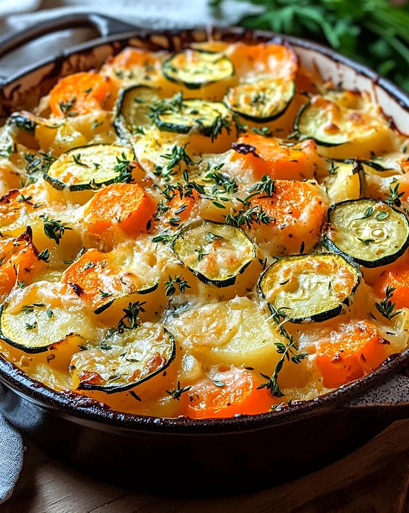 Vegetarischer Kartoffelauflauf mit Zucchini, Karotten und Zwiebeln